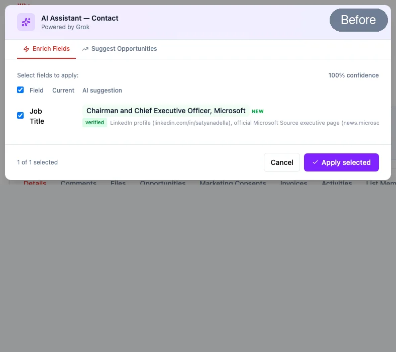 Before: the AI Enrich panel with a single Job Title row. After: the same panel with a Company card, an Identity notes summary, and suggestions for Job Title, Notes and Source