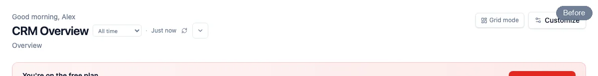 After the archive: an amber banner above CRM Overview says the workspace is archived until 10/13/2027, that CSV export still works, and that turning it back on means contacting HARi