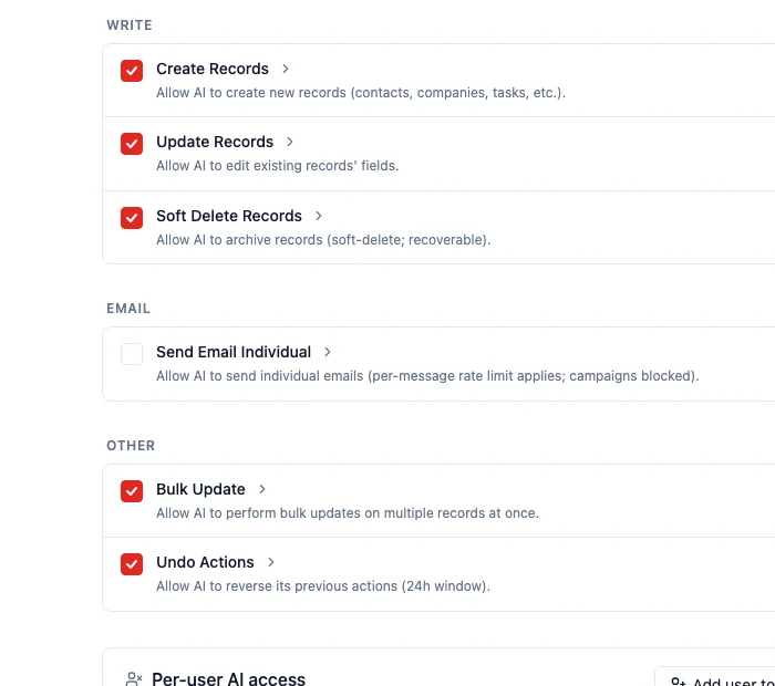 AI Permissions with Create Records, Update Records, Soft Delete Records, Bulk Update, and Undo Actions switched on, and Send Email Individual switched off