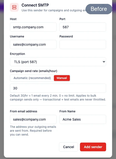A connected sender’s campaign send rate switched from Manual (a fixed 30-per-hour number field) to Automatic (recommended), which shows the earned "Sending speed: 30 emails/hour — increased automatically after clean sending"