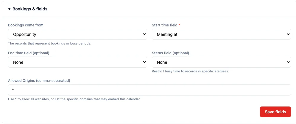 The availability widget setup — mapping bookings to an entity and a start-time field — then the public branded calendar showing busy slots grouped by day