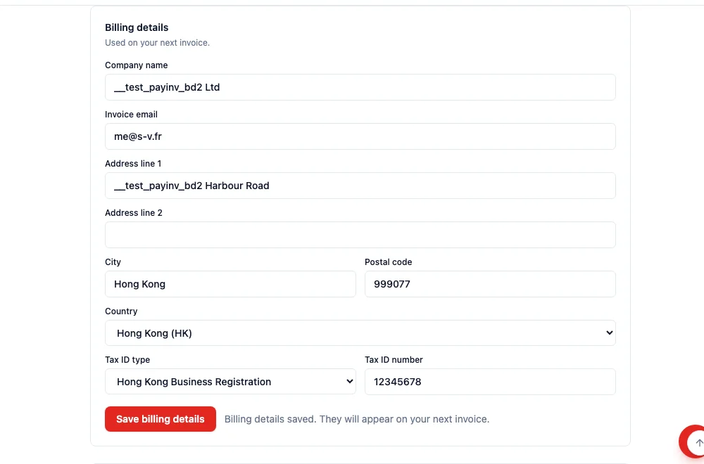 Billing details card on Settings → Billing, with company name, invoice email, address, Hong Kong Business Registration, and Save billing details