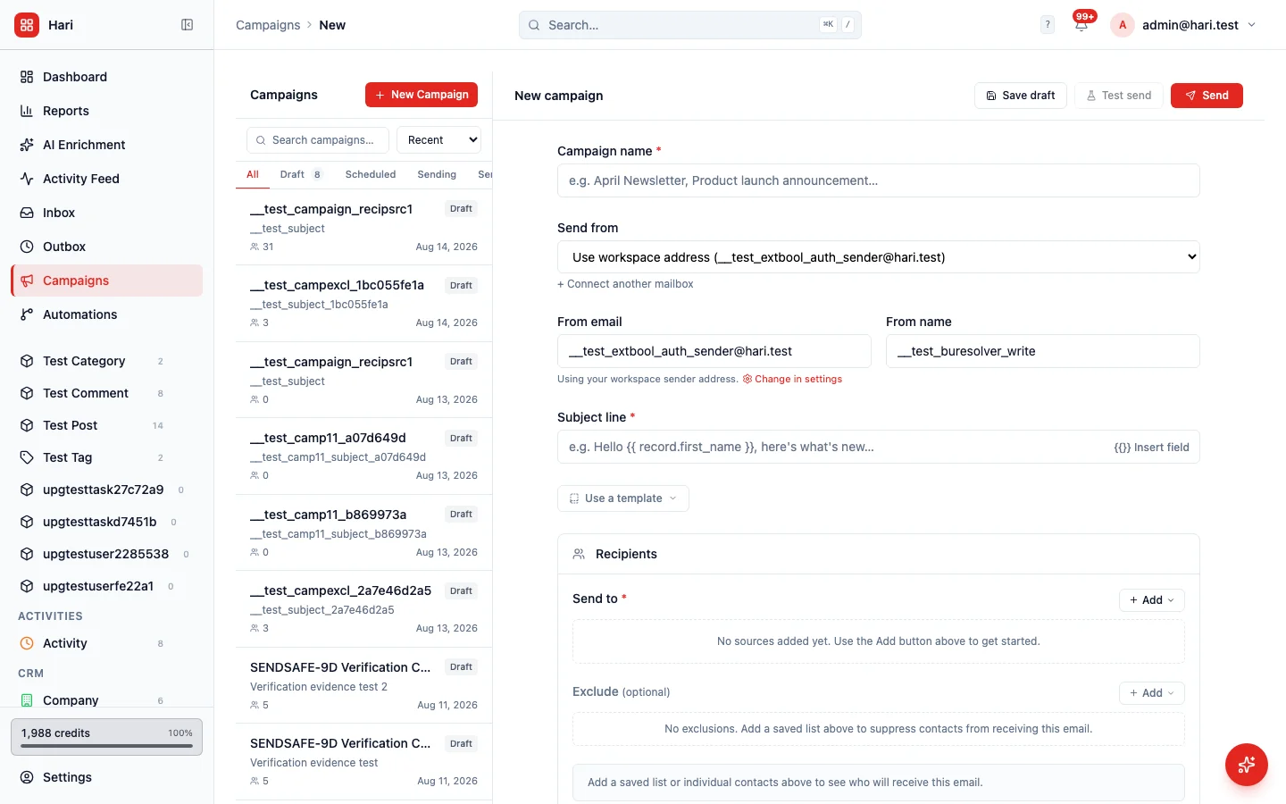 New campaign Send from list showing Use workspace address selected, with the From email filled from the workspace sender