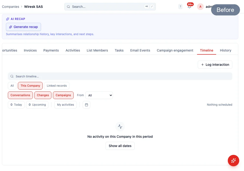 Before: a company Timeline with This Company selected is empty. After: All shows calls logged on contacts, each with a via Contact chip