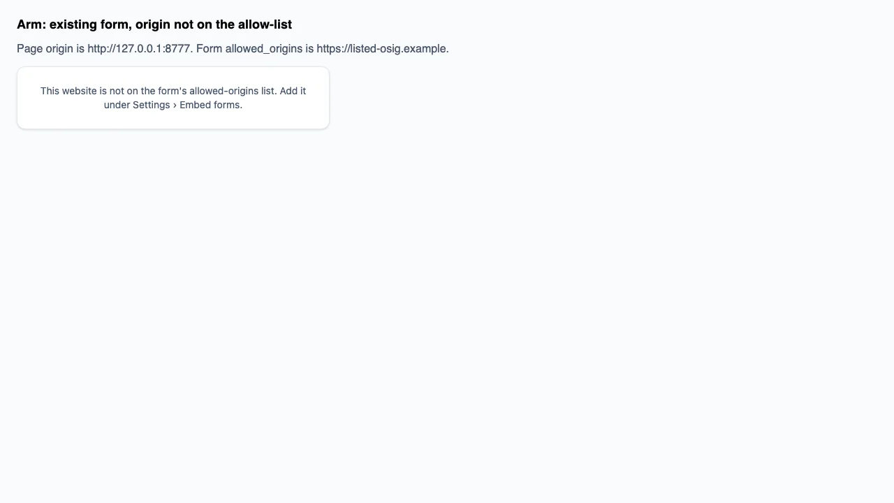 Embedded form on another website showing This website is not on the form’s allowed-origins list, with a pointer to Settings → Embed forms