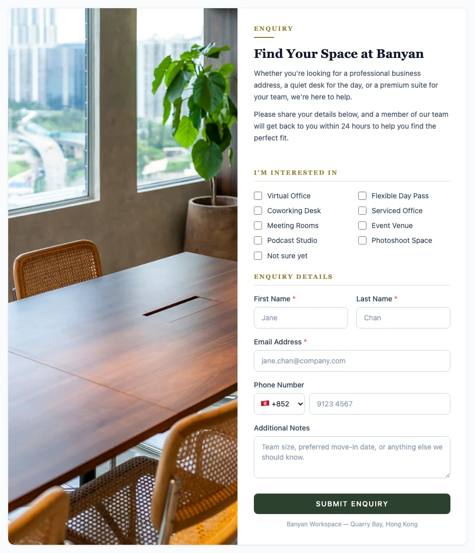 A published enquiry form built in HARi: a photograph fills the left half, and the right half carries the word ENQUIRY above a serif heading, an introduction, a grid of interest checkboxes, name, email and phone fields, and a dark green Submit enquiry button in the workspace's own colour