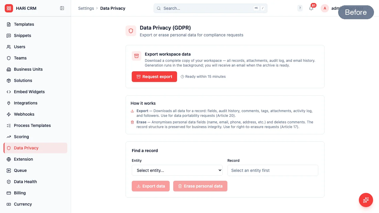 Data Privacy settings after the workspace export update: clicking Request export schedules the archive and confirms the email destination