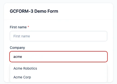 A public form with a Company field showing a searchable dropdown of company names (Acme Robotics, Acme Corp) instead of a plain text box