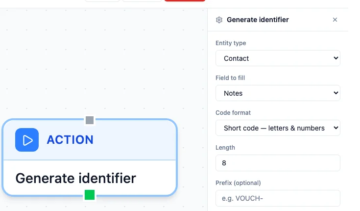 The Generate identifier action node in the Automation Builder, with its config panel showing Entity type (Contact), Field to fill (Notes), Code format (Short code — letters & numbers), Length (8), and an optional Prefix field