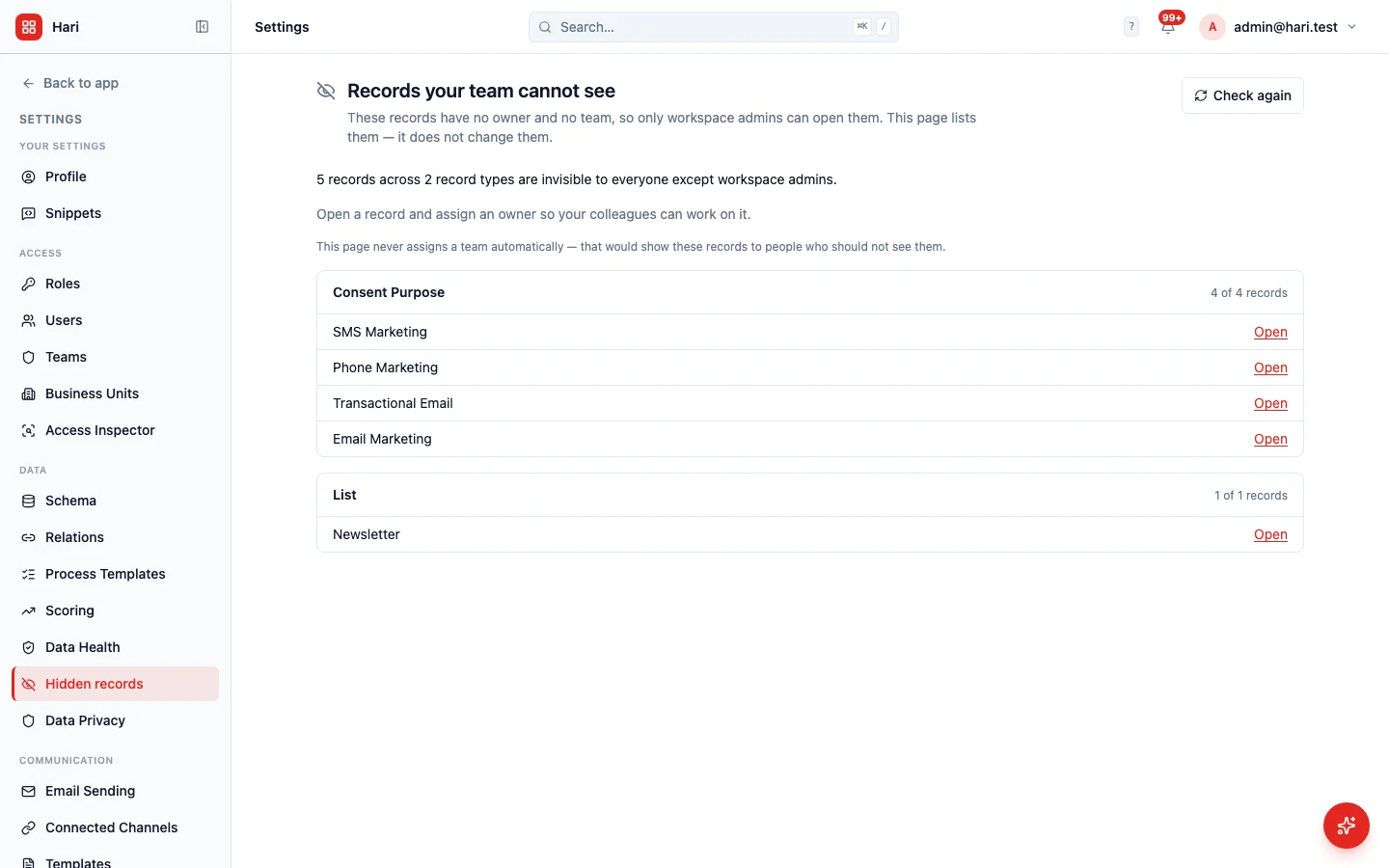 Settings Hidden records page listing five ownerless records across Consent Purpose and List, with Open links and a note that the page never assigns a team automatically