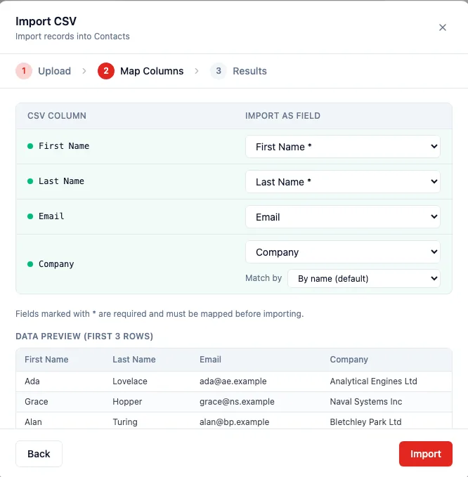 The import wizard Map Columns step showing a "Match by" picker on a Company column, then the "Skip rows that already exist" toggle with a duplicate-check column set to Email