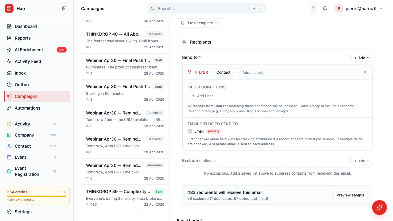 Campaign recipients box with the new "Filter directly" source: Contact entity selected, FILTER CONDITIONS section, EMAIL FIELDS TO SEND TO checkbox group, and a live count of 433 recipients (98 excluded by Layer-1 opt-out and dedup gates)