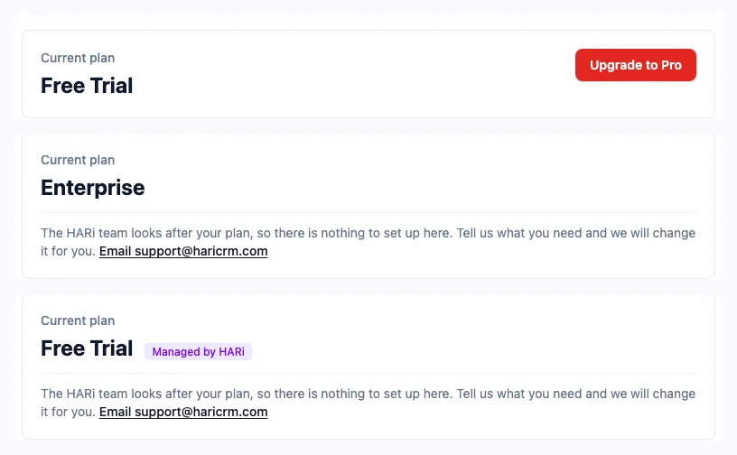 The plan card in three workspaces: a Free Trial offering an Upgrade to Pro button that works, an Enterprise workspace now named Enterprise instead of Free Trial, and a workspace HARi bills directly carrying a Managed by HARi badge with a sentence explaining there is nothing to press and a support email link