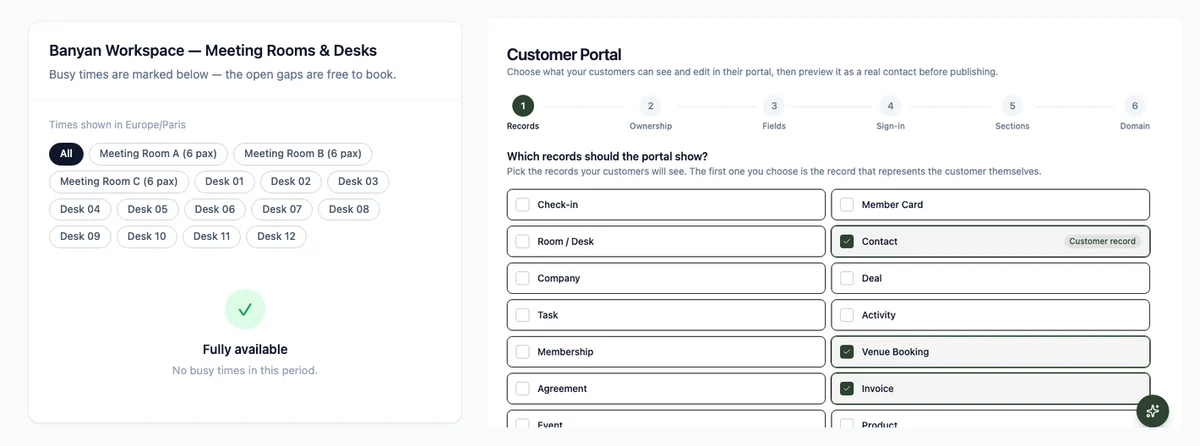 The customer availability calendar of bookable rooms and desks beside the Customer Portal setup where the bookings record type is exposed, so signed-in customers can reserve a slot themselves