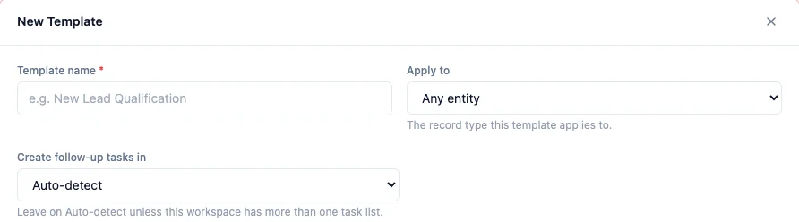 The process template editor with its new "Create follow-up tasks in" dropdown set to Auto-detect, beside the existing "Apply to" selector