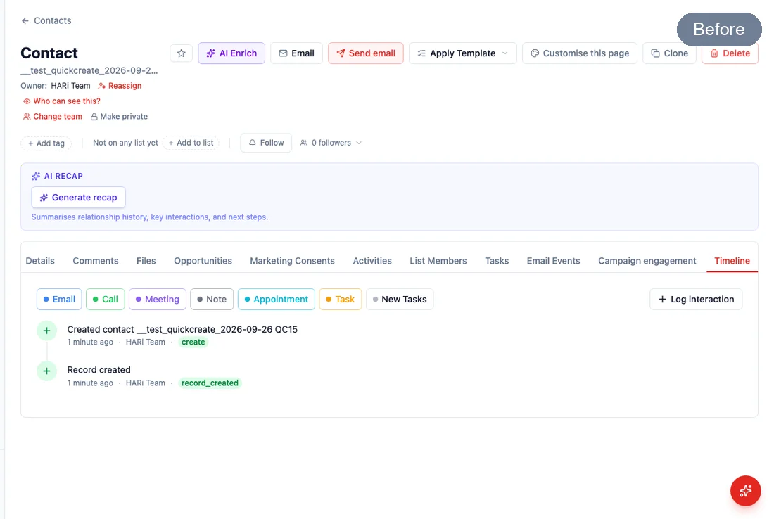 Before: the Timeline tab on a contact, with Email, Call, Meeting and New Tasks buttons. After: a New Task side panel over the same contact, so you add the task without leaving the record