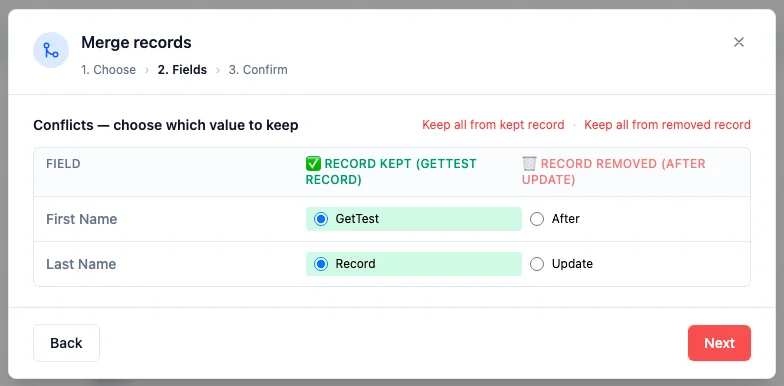 The merge dialog on its Conflicts step: a Field / kept value / removed value table with the kept record's values pre-selected, plus "Keep all from kept record" and "Keep all from removed record" toggles