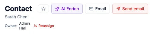 A contact record header showing "Owner: Admin Hari" by name under the title, with a Reassign button beside it