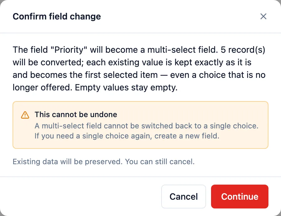 The confirmation step before converting a single-choice field, warning that the change cannot be undone and stating how many records will be converted