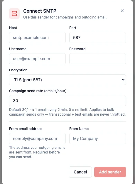 The Connect SMTP sender dialog showing the new "Campaign send rate (emails/hour)" field defaulting to 30, with help text explaining 0 = no limit and that transactional and test emails are never throttled