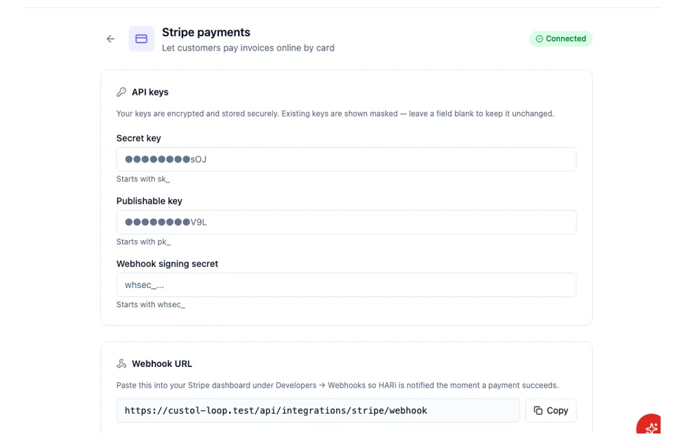 Connecting Stripe in settings, the Copy pay link action on an invoice, and the hosted Stripe checkout page a customer pays on