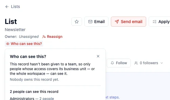 The Who can see this popover on a record, counting two administrators who can open it