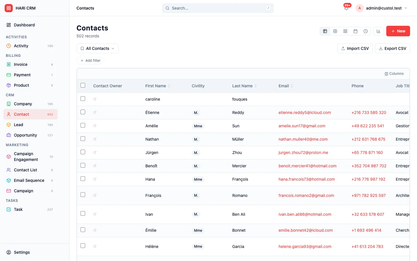 HARi CRM contact management — AI enrichment fills in the details