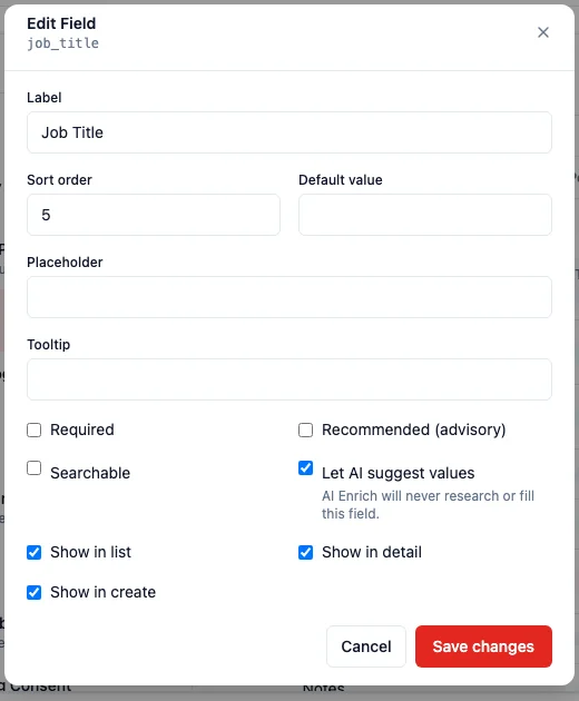 The Edit Field dialog on Job Title, with Let AI suggest values ticked. The hint under the switch says AI Enrich will never research or fill this field if you turn it off.