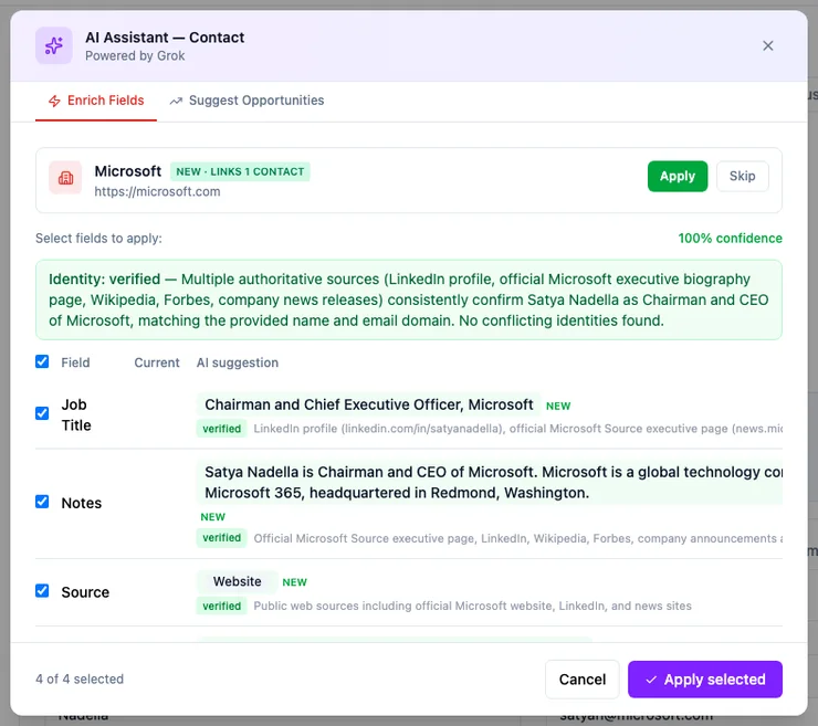 The AI Enrich panel on a contact: a Microsoft company card, an Identity verified notes summary, and suggestions for Job Title, Notes and Source, with Apply selected at the bottom