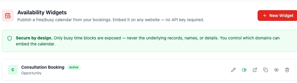 The Availability Widgets settings page listing a widget, with a "Secure by design" note explaining only busy time blocks are exposed