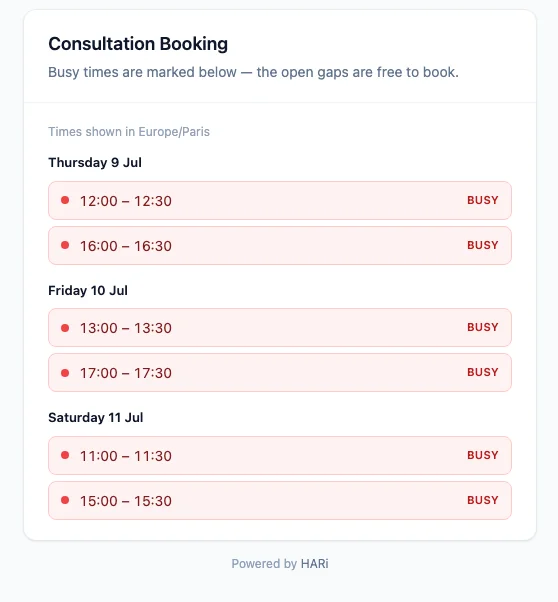 The public availability calendar showing bookings grouped by day, each busy slot marked "Busy", with a "Powered by HARi" footer