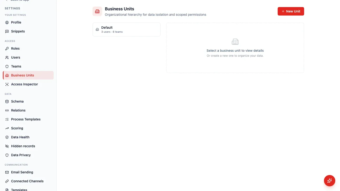 Settings → Access → Business Units, with the Default unit selected: name, parent, timezone, currency