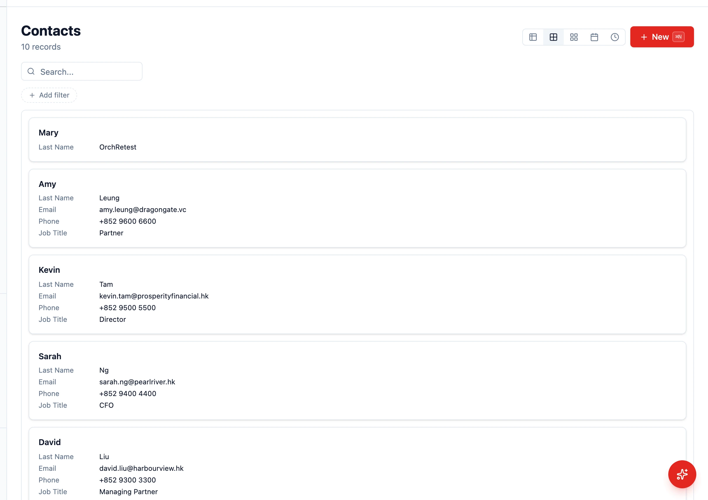 Contact list rendered in card mode