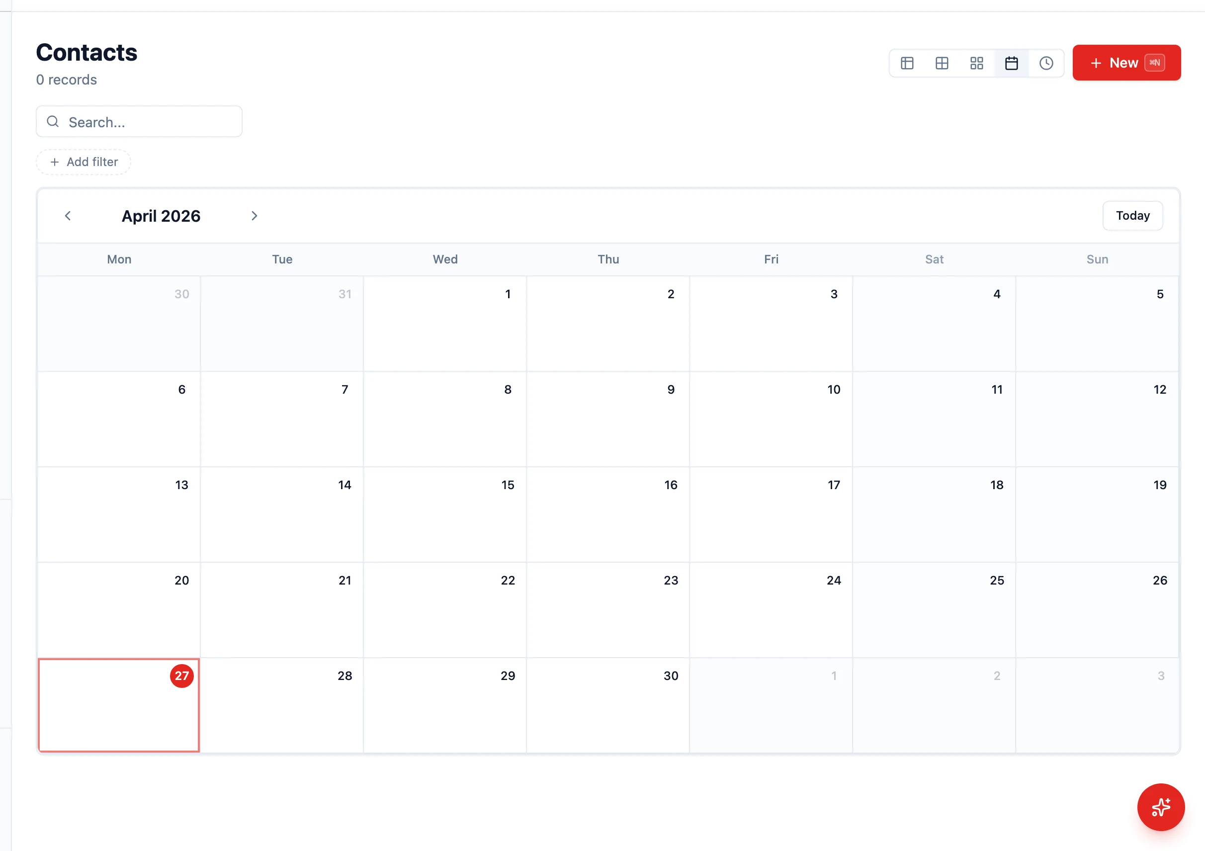 Contact list rendered in calendar mode (month grid)