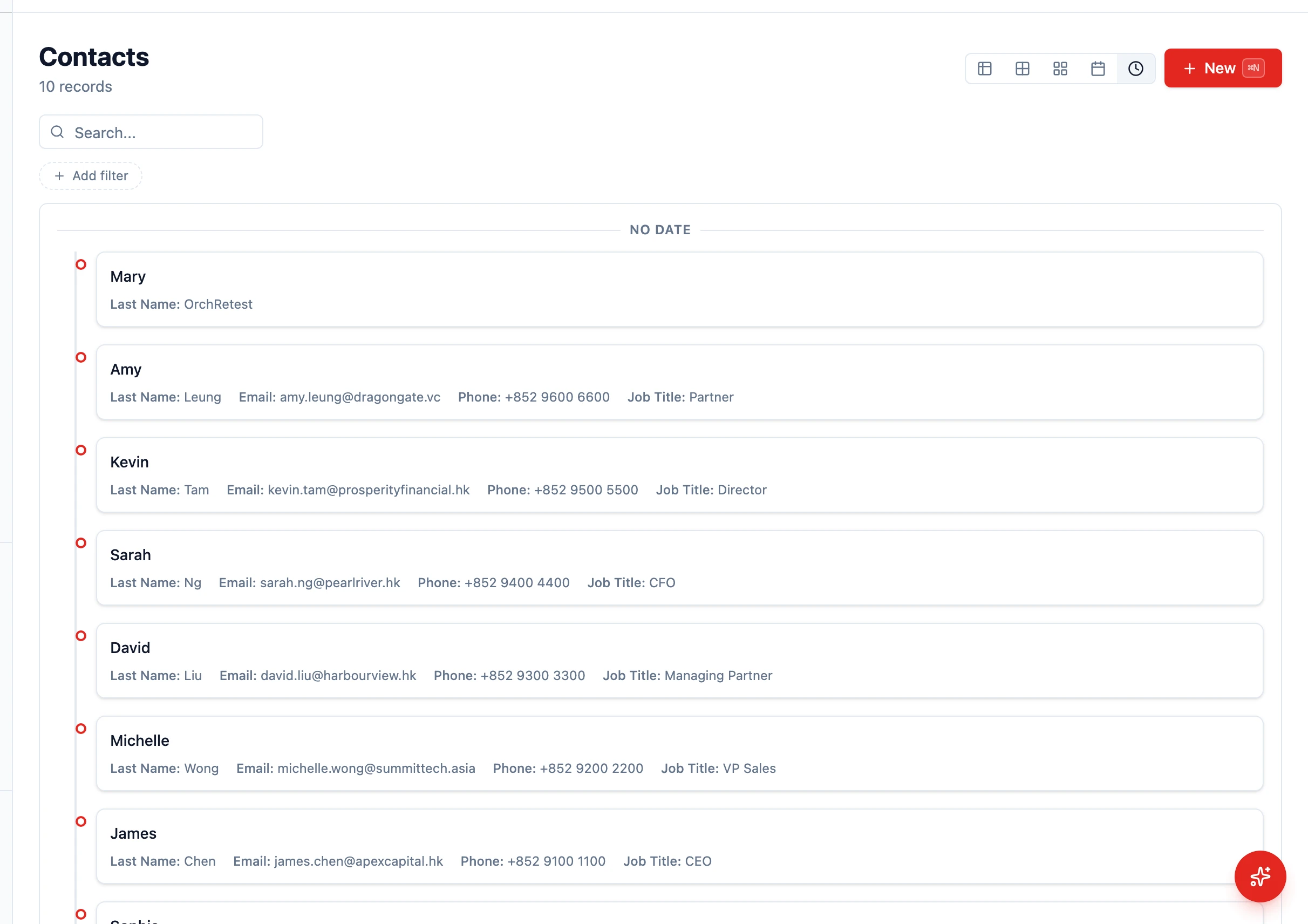 Contact list rendered in timeline mode (chronological grouping by date)