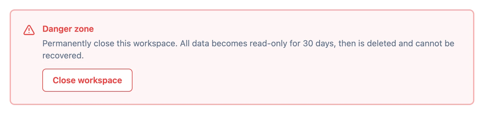 The Danger zone card at the bottom of the Billing page, with a Close workspace button