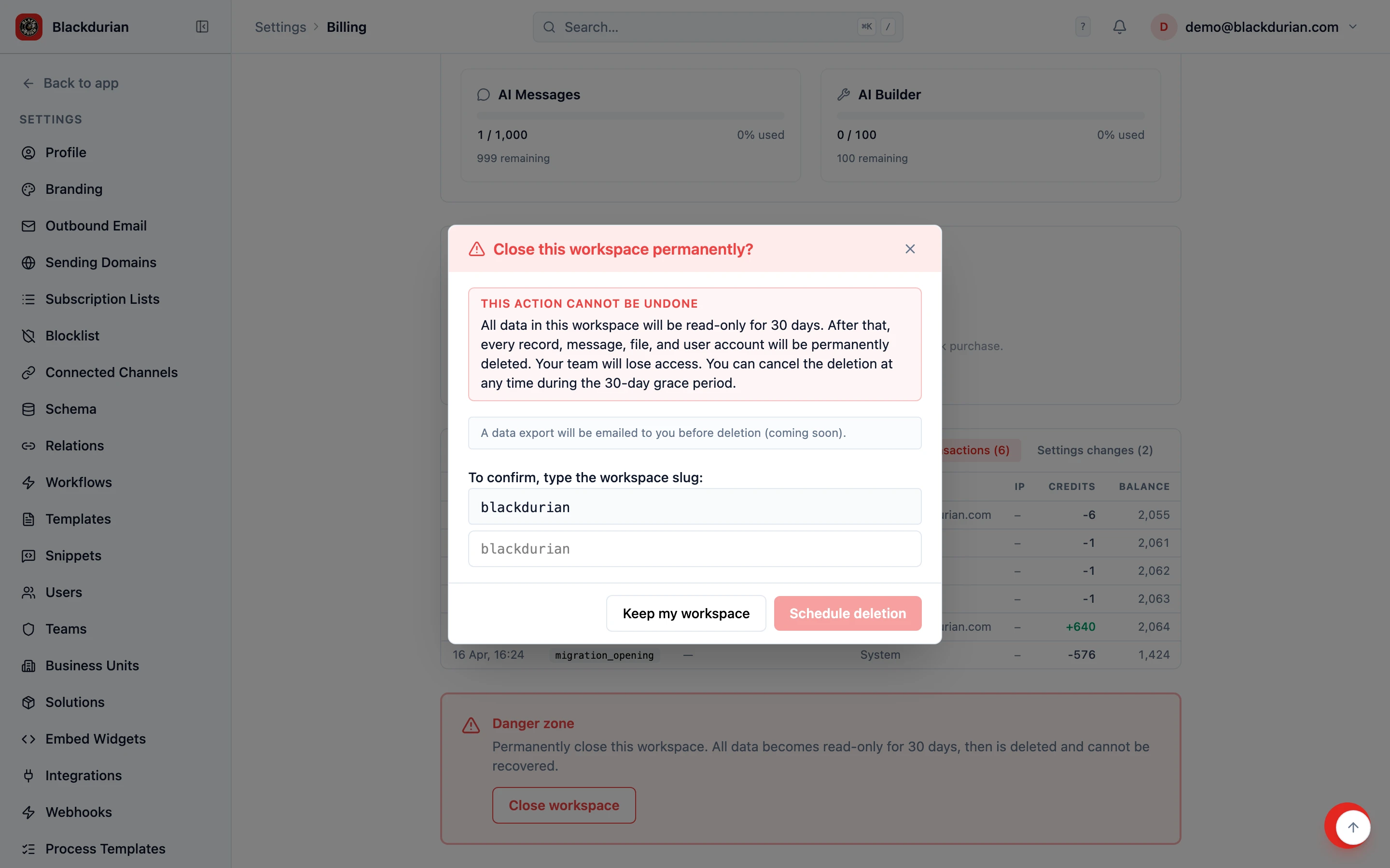 The closure confirmation modal: a warning banner, the explanation of the 30-day grace period, the workspace-slug confirmation field, and the Schedule deletion button