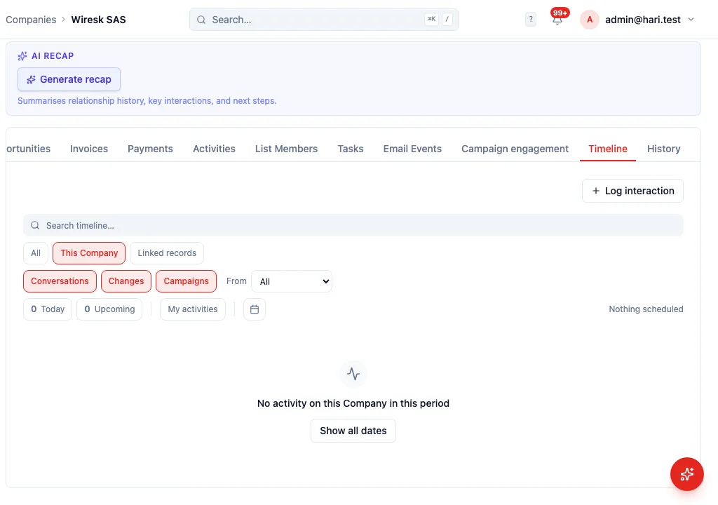 The Timeline tab on a company with This Company selected, showing No activity on this Company in this period