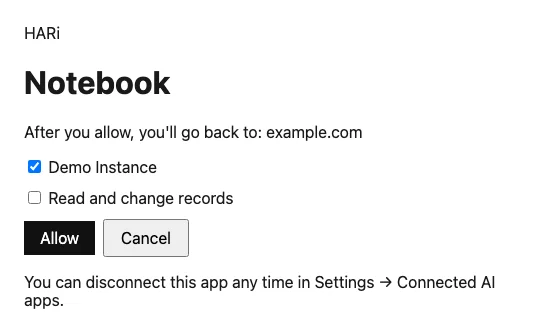 The allow screen for an app named Notebook. Demo Instance is ticked, Read and change records is not, and Allow is ready. The note says you can disconnect later in Settings → Connected AI apps.