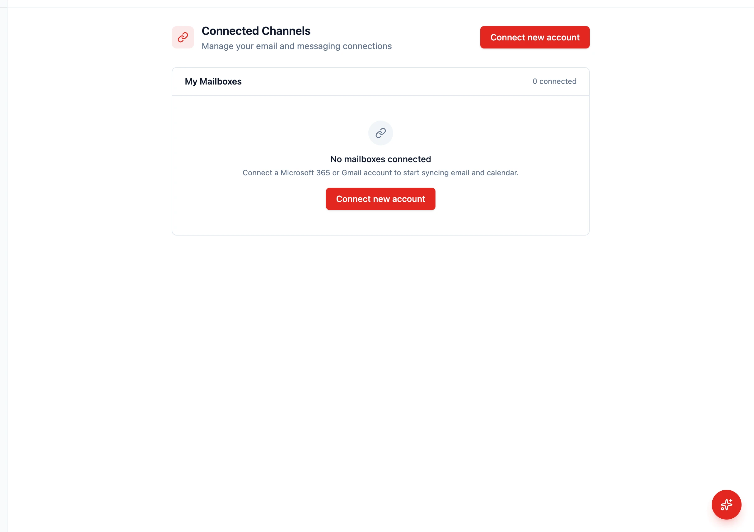 Connected Channels page with email mailboxes listed