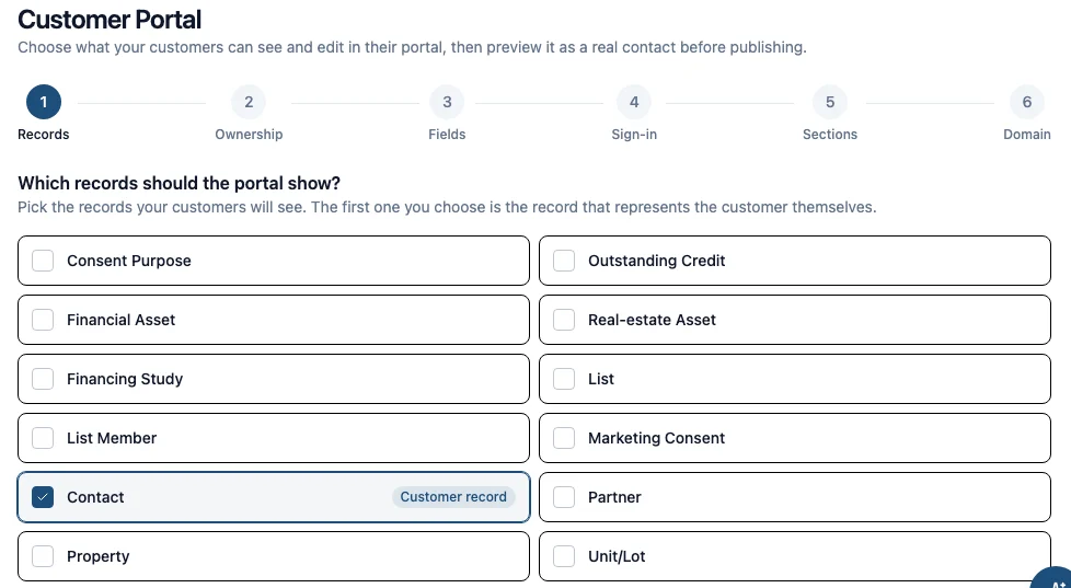 The portal setup wizard's Records step: a grid of entity checkboxes where staff tick which record types a customer can access