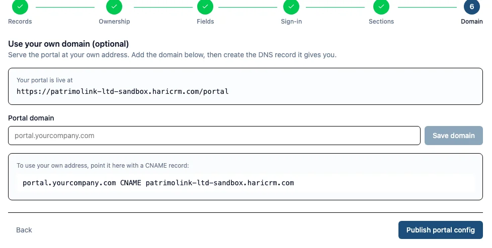 The wizard's Domain step showing the ready-to-use portal address, an optional custom-domain field, and the exact CNAME record to point your own domain at HARi