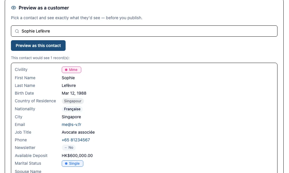 The staff Preview as a customer panel rendering the portal exactly as an end-customer would see it, before publishing