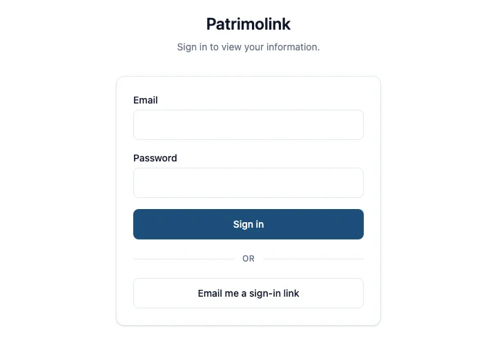 The branded customer sign-in page with the business's logo, a passwordless magic-link option, and an email-and-password form