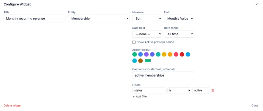 The Configure Widget panel: Title "Monthly recurring revenue", Entity Membership, Measure Sum, Field Monthly Value, a caption reading "active memberships", and a filter reading status is active