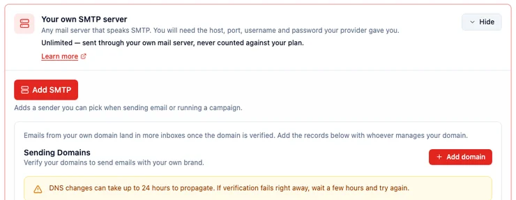 The Your own SMTP server card expanded on the Email Sending page, its setup open inside the card: an Add SMTP button, and below it a Sending Domains panel with an Add domain button and a note that DNS changes can take up to 24 hours to propagate
