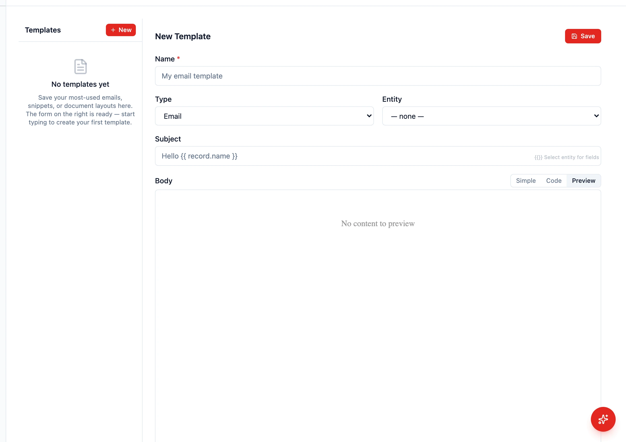 Settings → Templates page with email template list