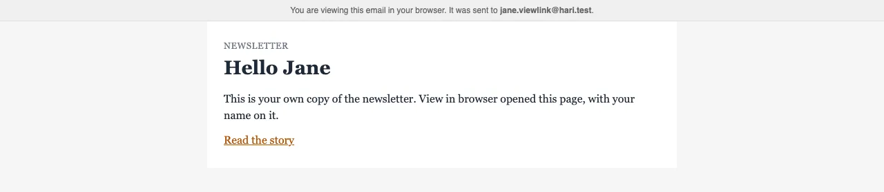 The view-in-browser page names the address the email was sent to, then shows that recipient's own copy of the message