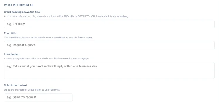 The "What visitors read" design controls: Small heading above the title, Form title, Introduction, and Submit button text, each with a plain-language hint underneath