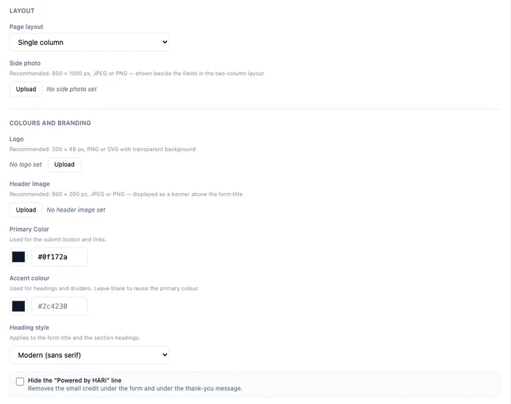 The Layout and "Colours and branding" design controls: Page layout, Side photo, Logo, Header Image, Primary Color, Accent colour, Heading style, and a checkbox to hide the "Powered by HARi" line